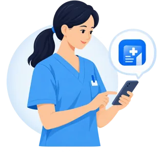 Illustration of a hospital staff member responding to a request on a phone